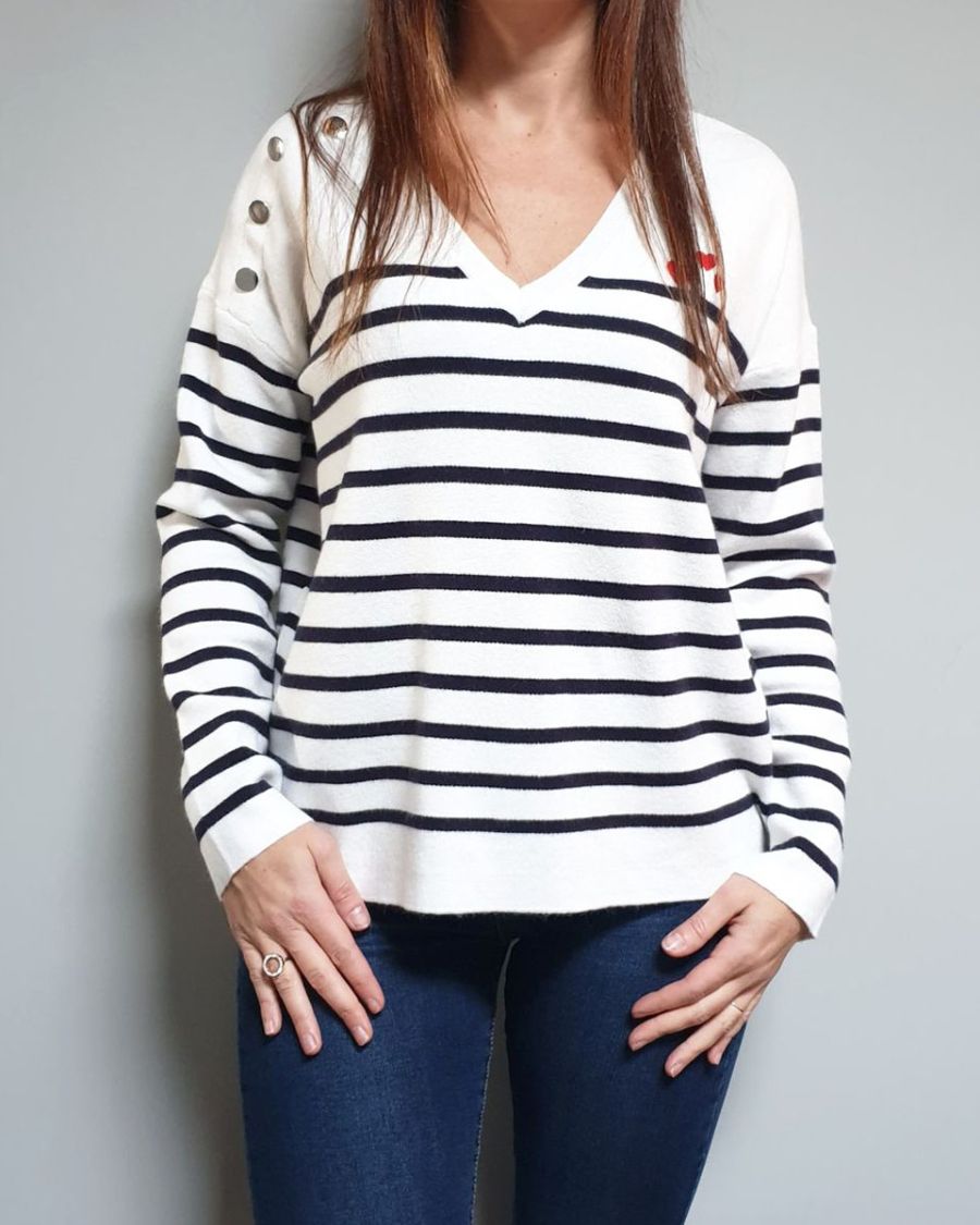 Pull marinière blanc rayures bleues coeurs rouges