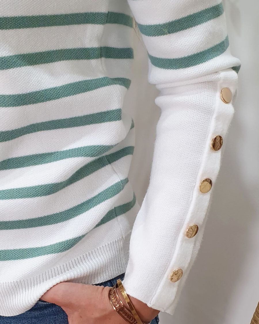 Pull marinière blanc rayures vert amande bande dorée
