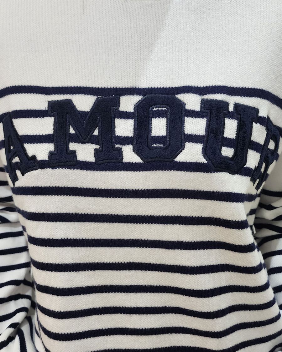 Pull femme marinière blanche AMOUR marine