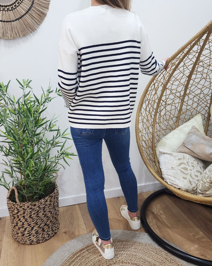 Pull femme marinière blanche AMOUR marine