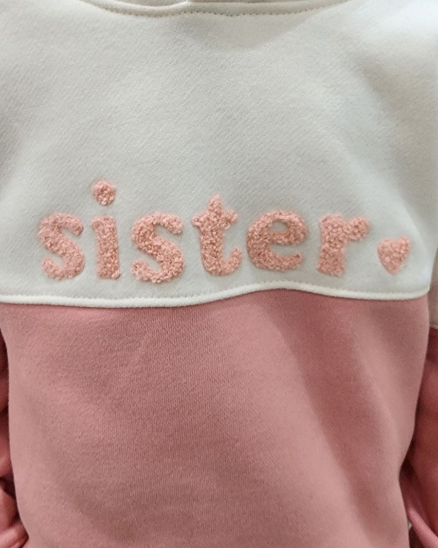 Sweat à capuche enfant beige et rose Sister