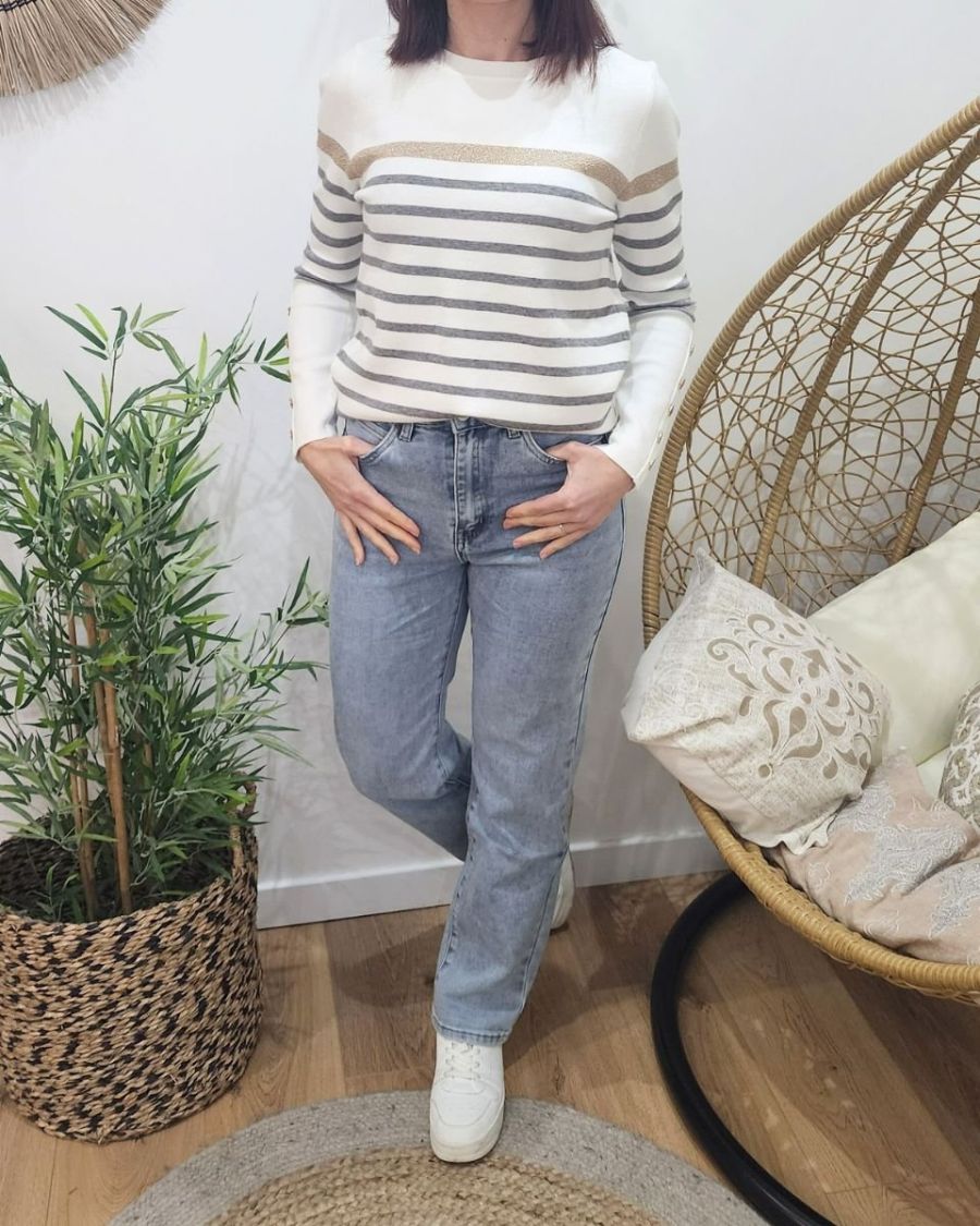 Pull femme marinière écru rayures grises