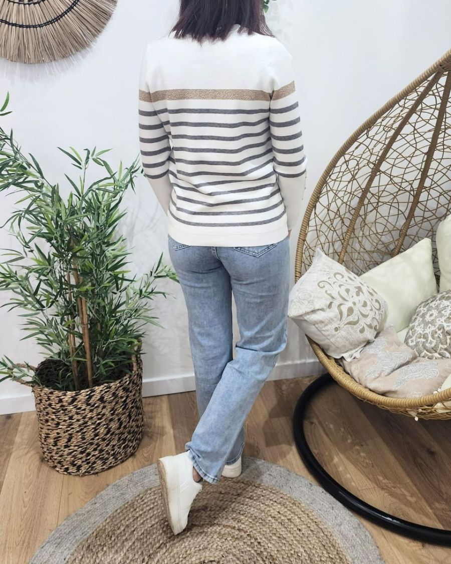 Pull femme marinière écru rayures grises