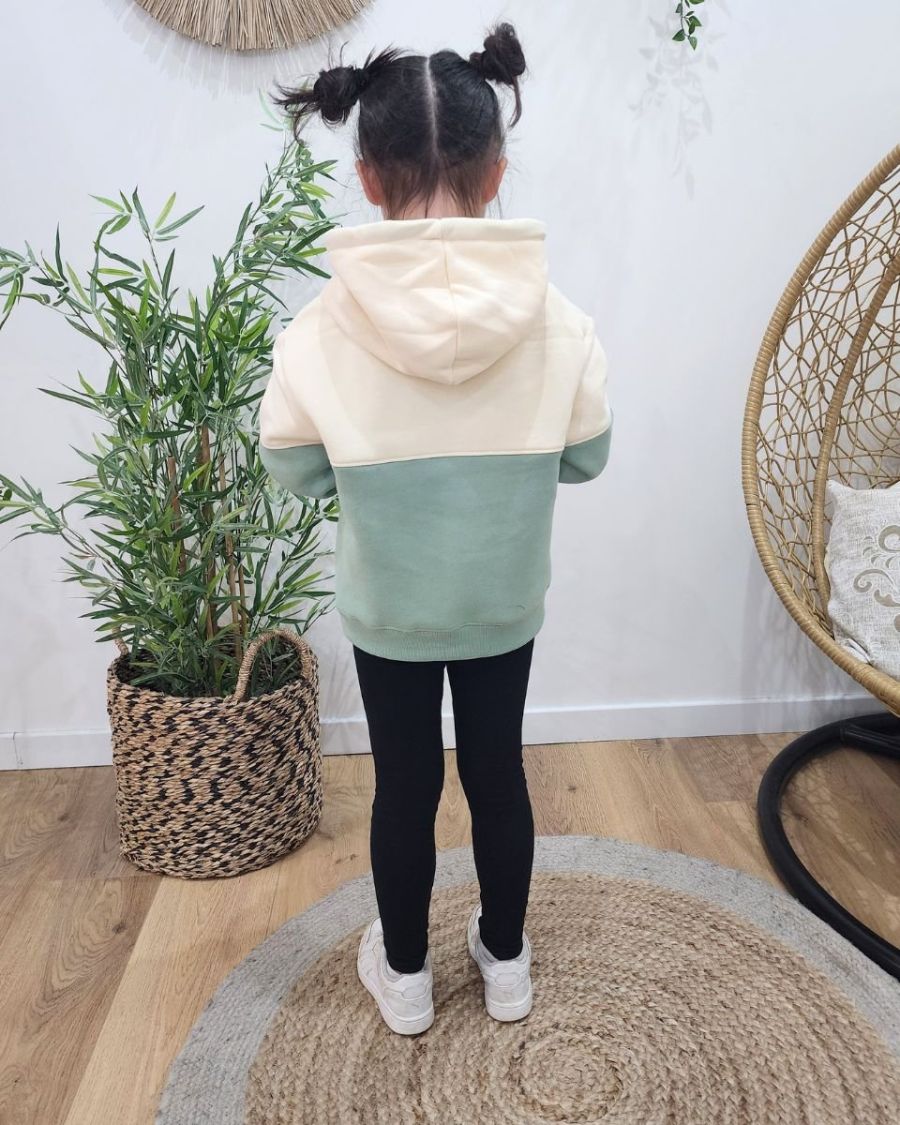 Sweat à capuche enfant beige et vert Sister