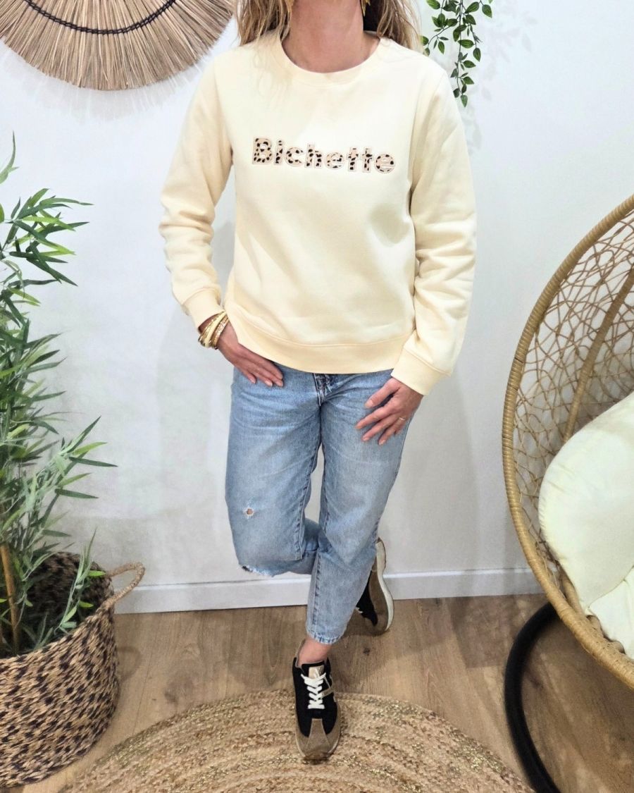 Sweat femme beige broderie Bichette léopard
