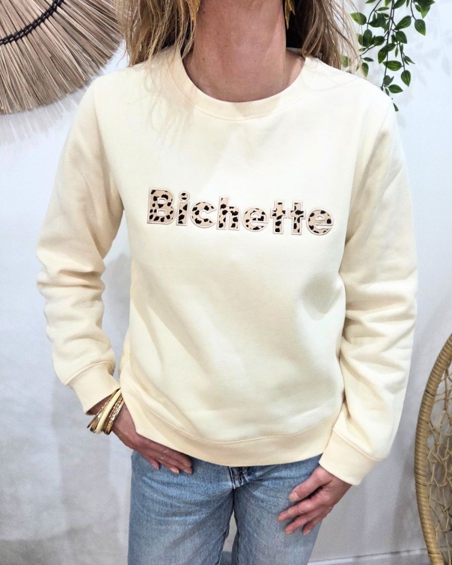 Sweat femme beige broderie Bichette léopard