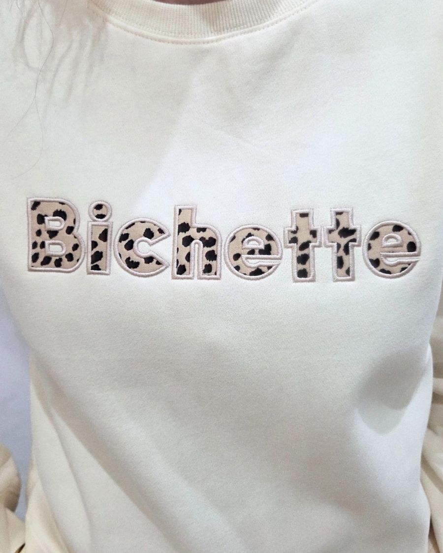 Sweat femme beige broderie Bichette léopard