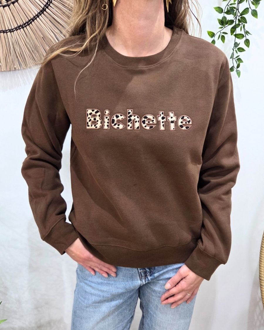 Sweat femme marron broderie Bichette léopard