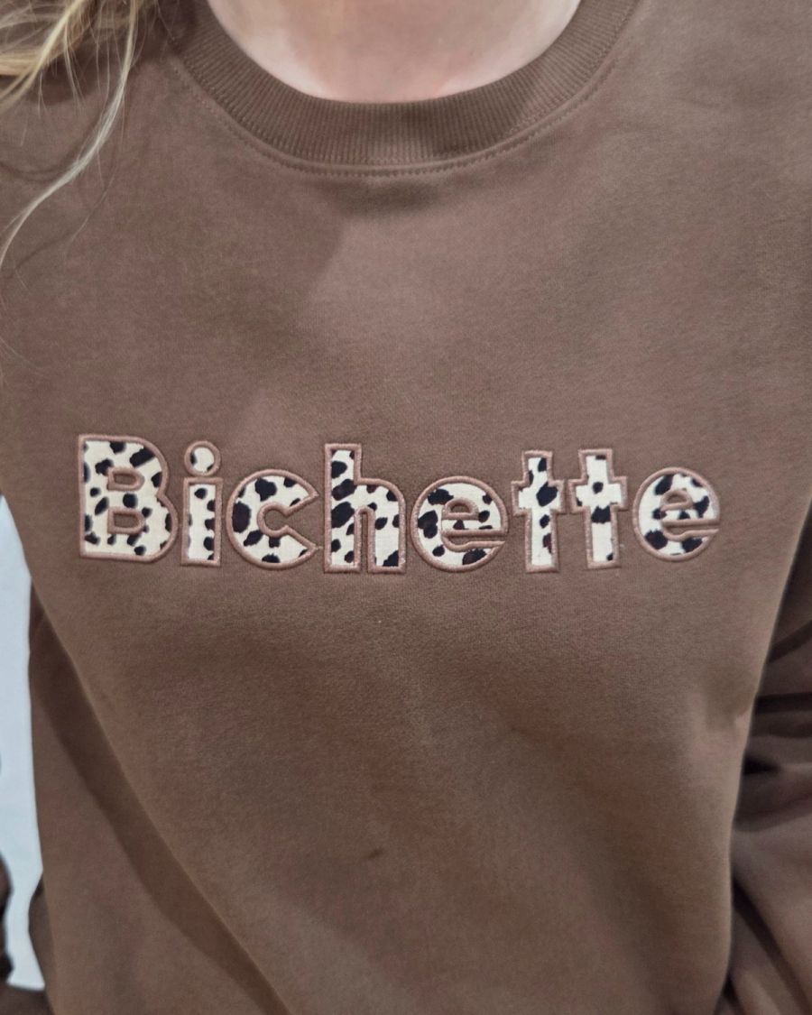Sweat femme marron broderie Bichette léopard