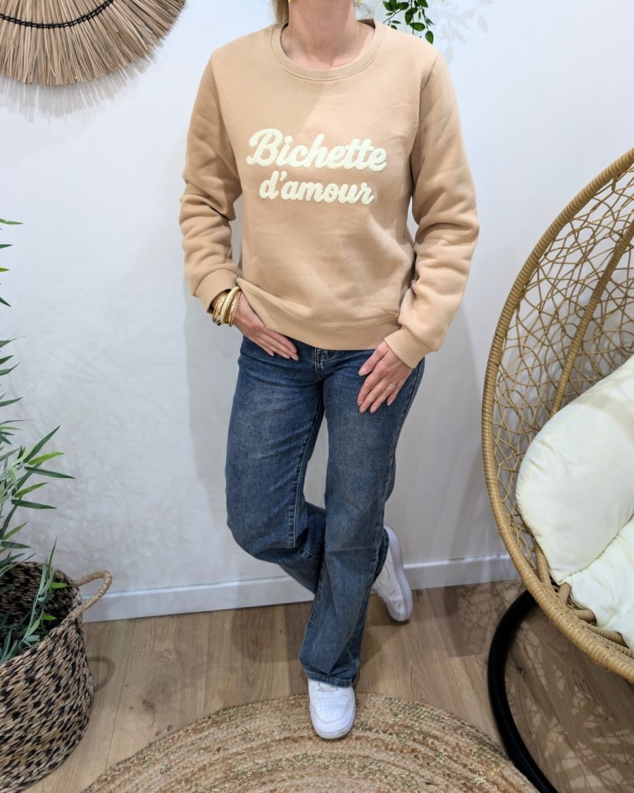 Sweat femme camel Bichette d'amour moumoute beige