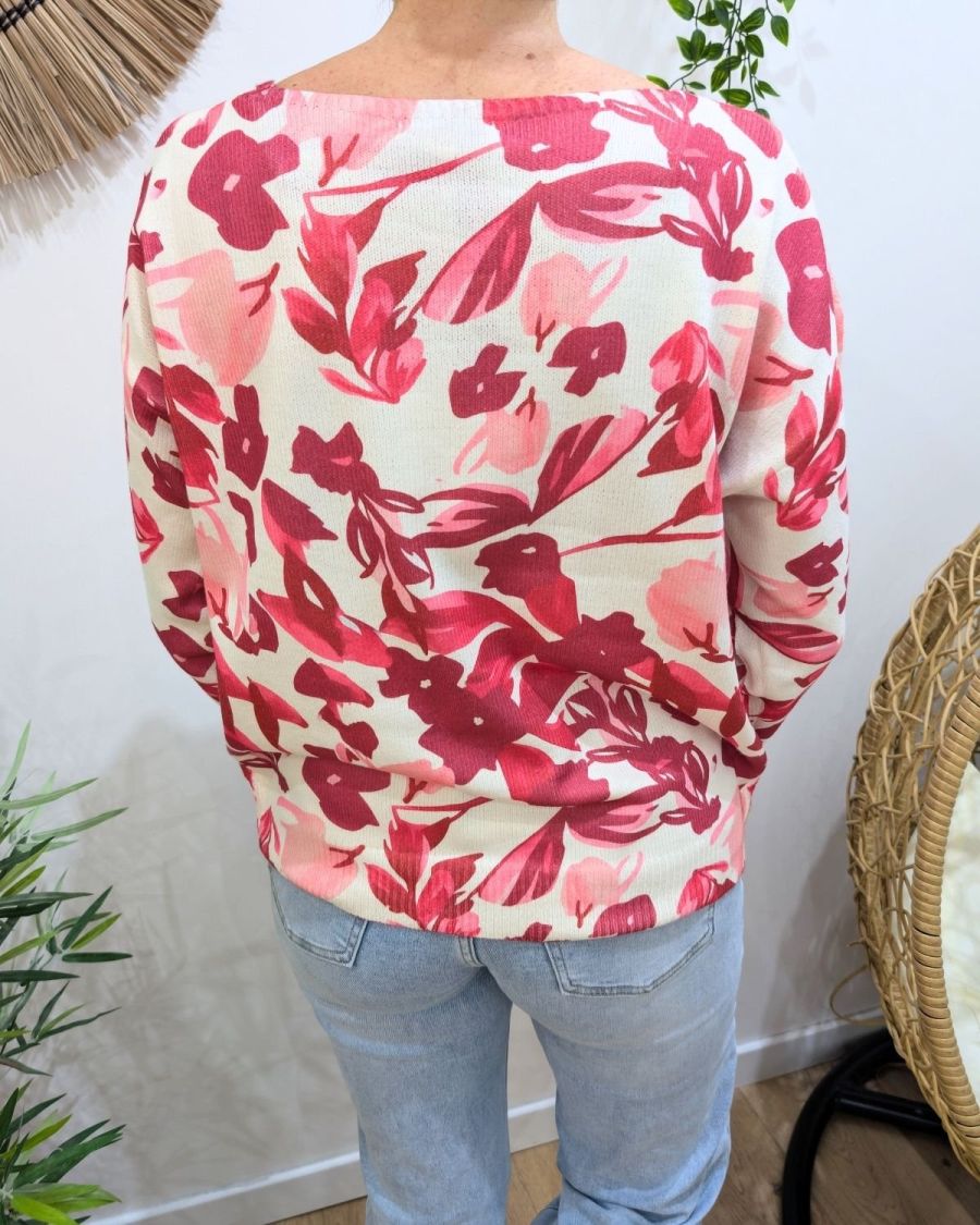 Pull femme col V beige et rose