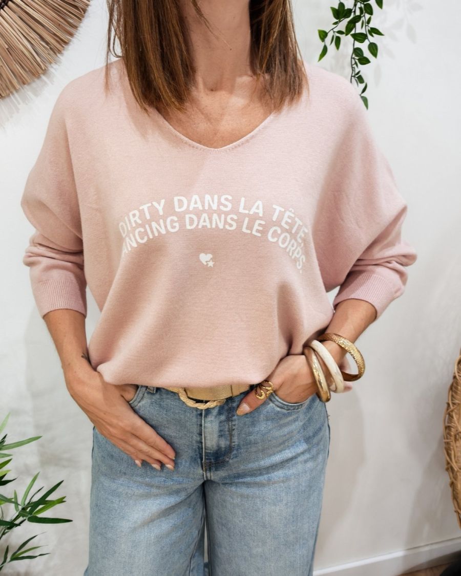 Pull femme col V Dirty dans la tête dancing dans le corps pailleté