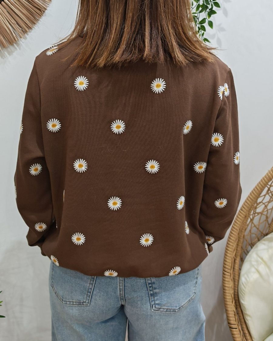 Sweat femme marron broderies marguerites
