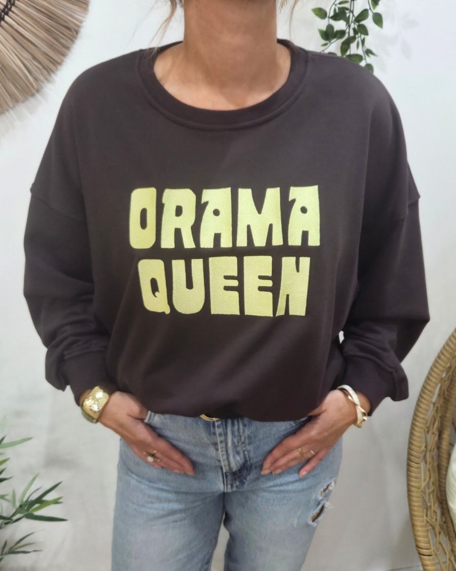 Sweat femme marron broderie DRAMA QUEEN jaune