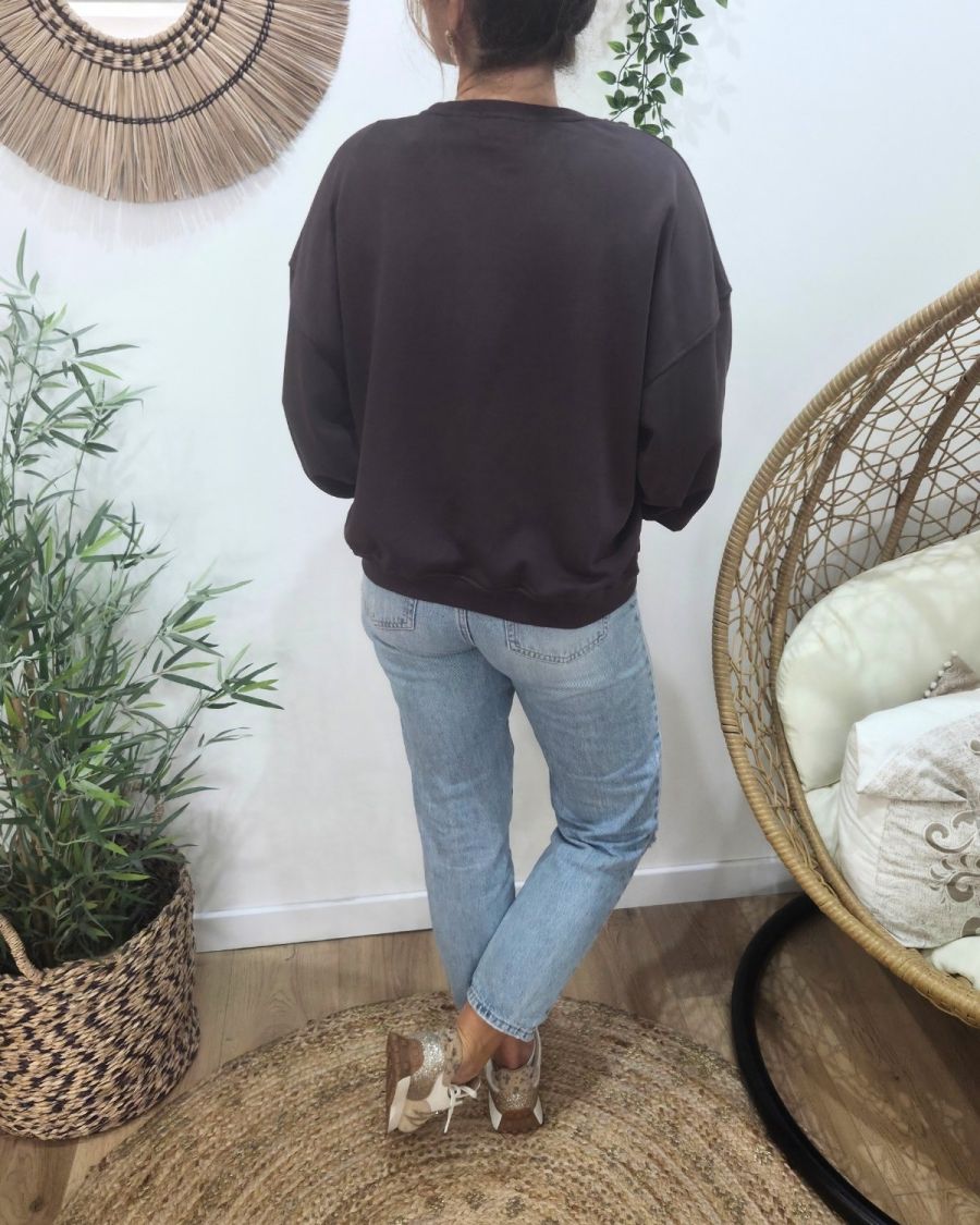 Sweat femme marron broderie DRAMA QUEEN jaune
