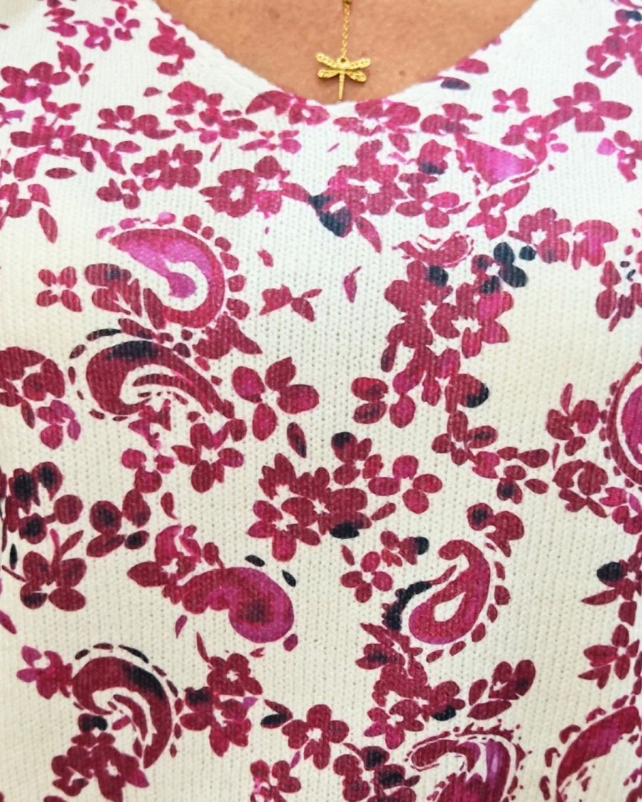 Pull femme col V écru fleurs prunes Margherita
