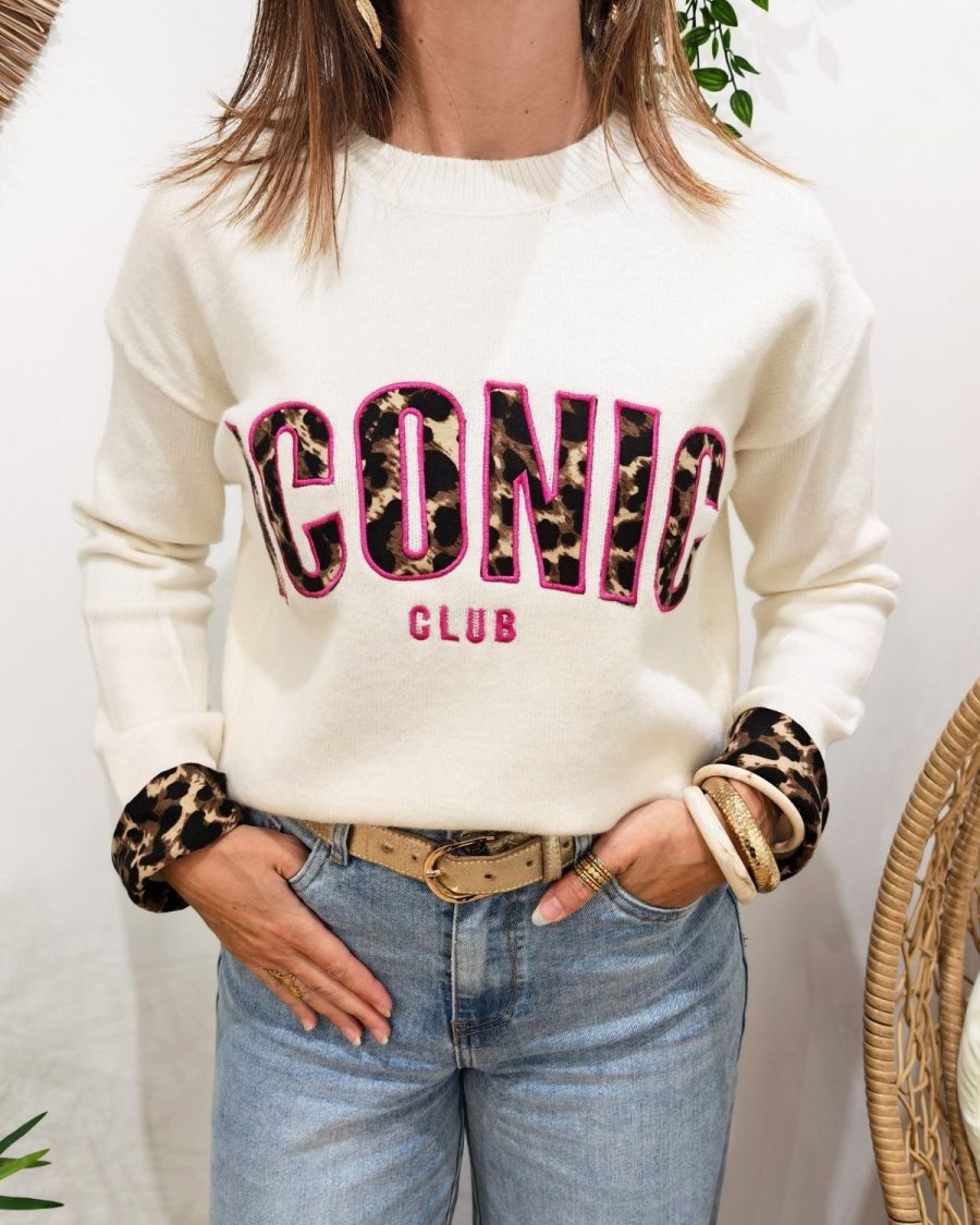 Pull femme beige ICONIC club léopard et rose