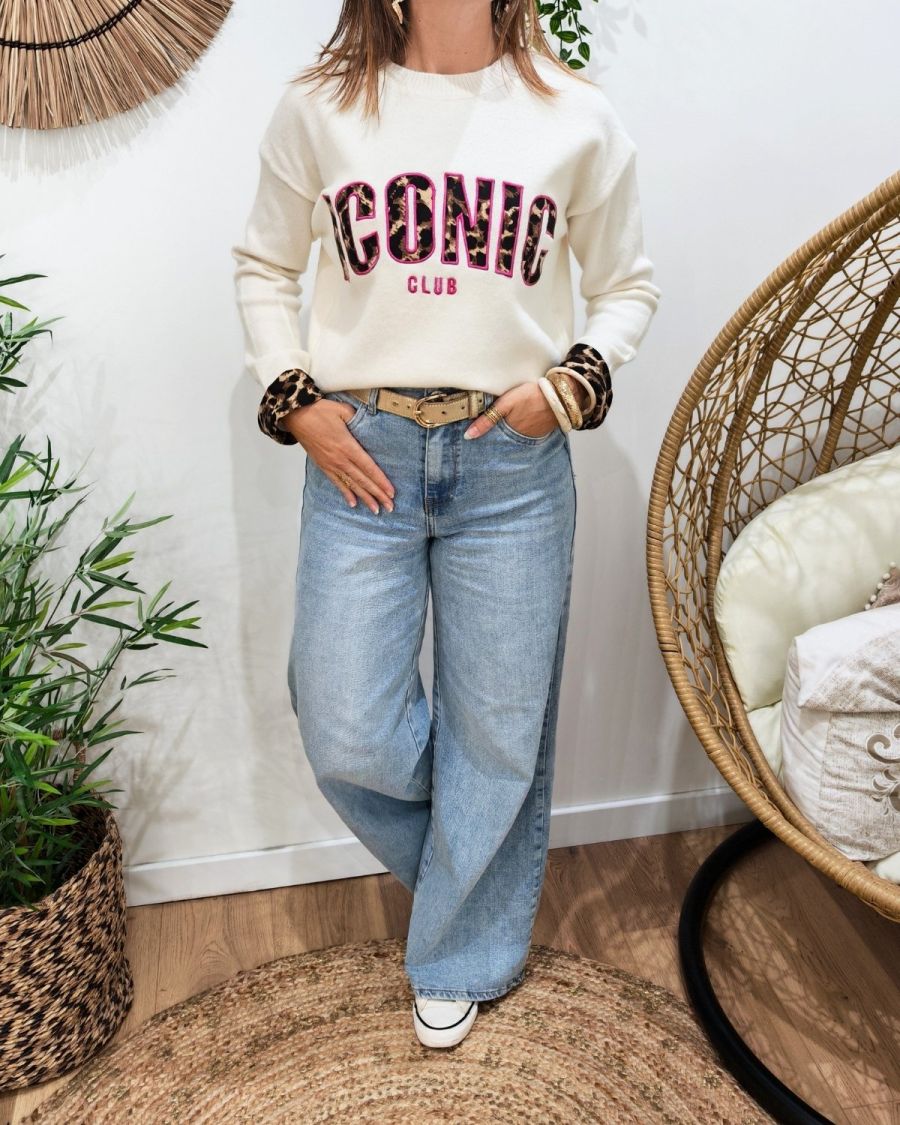 Pull femme beige ICONIC club léopard et rose
