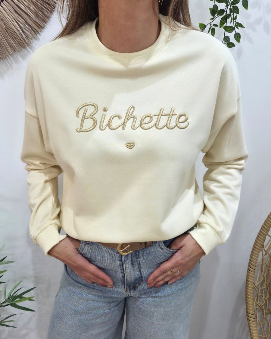 Sweat femme beige broderie Bichette dorée