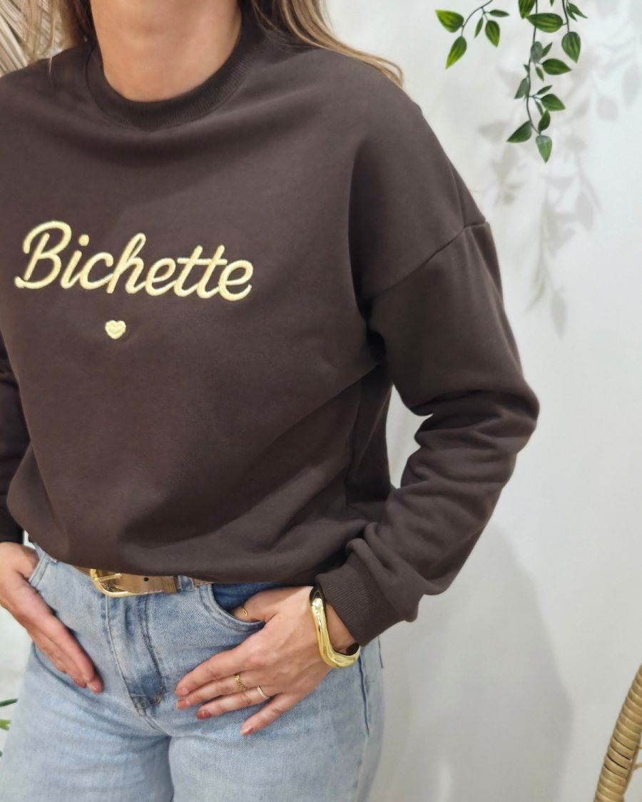 Sweat femme marron broderie Bichette dorée
