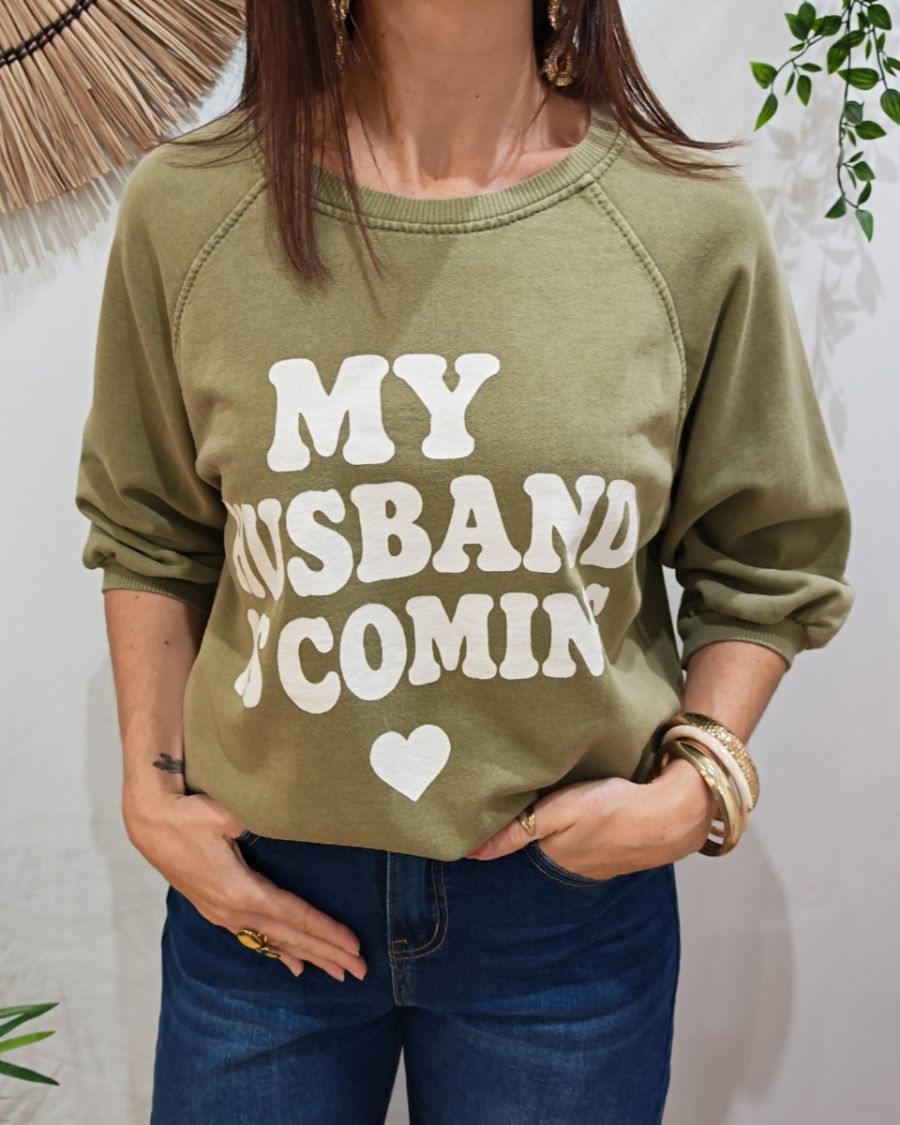 Sweat femme manches courtes My husband is coming