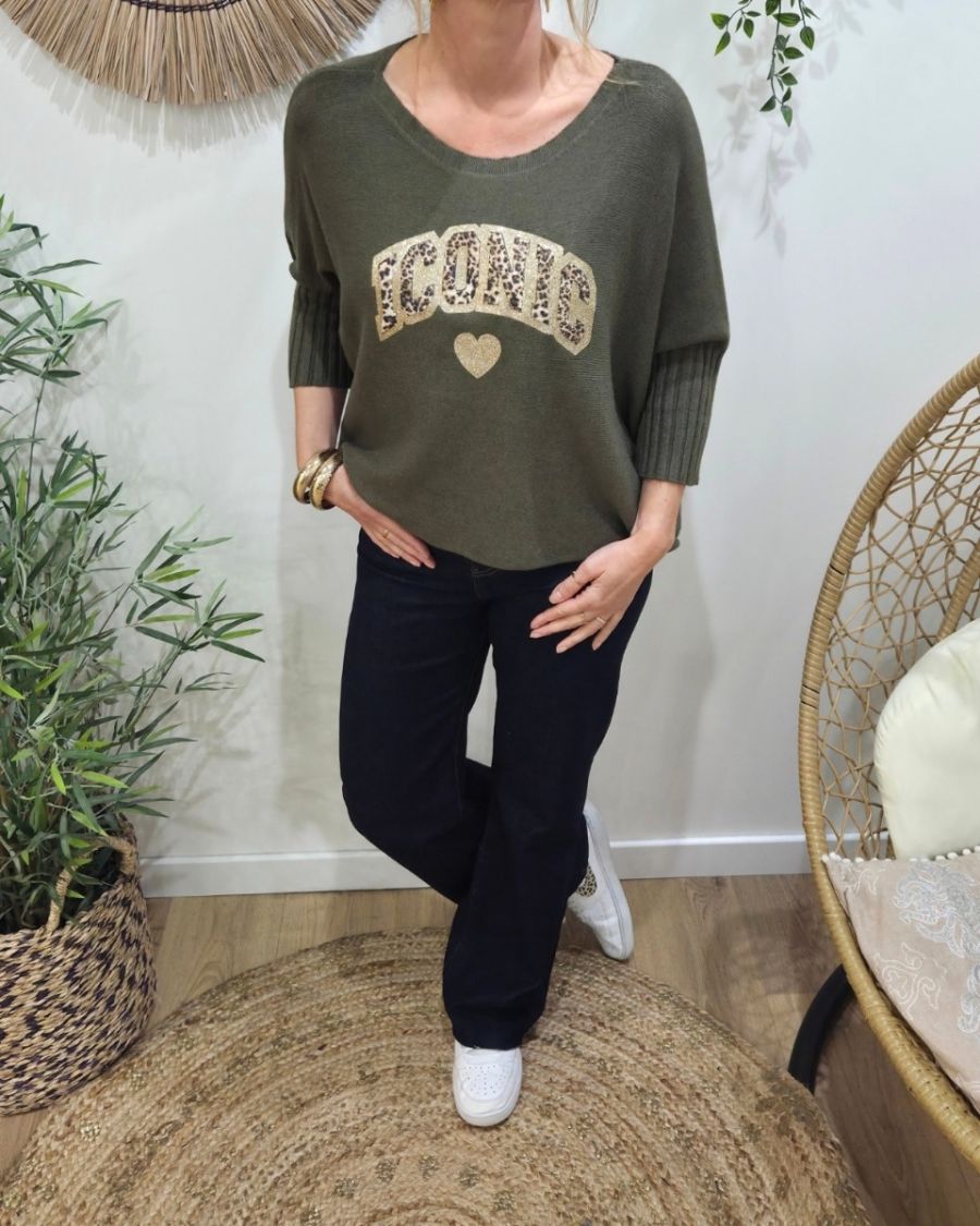 Pull femme oversize col rond Iconic léopard pailleté