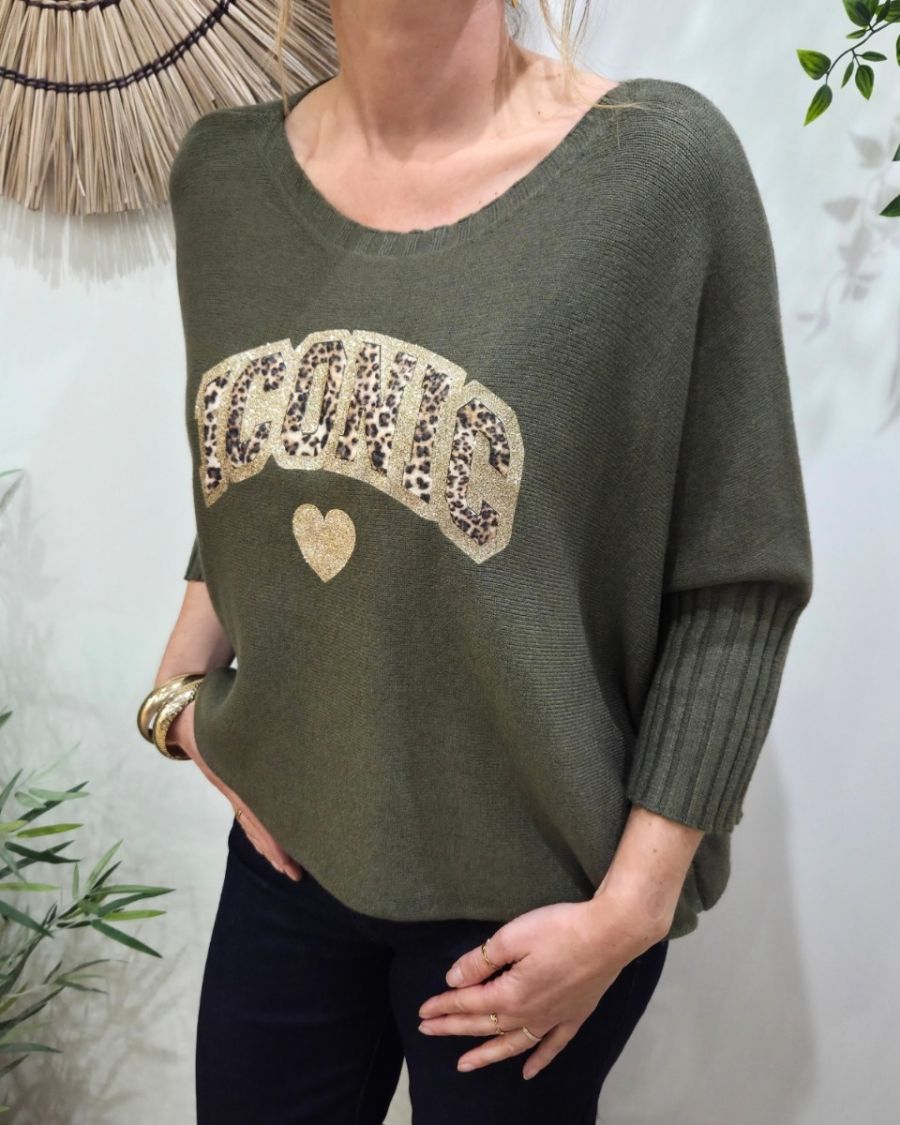 Pull femme oversize col rond Iconic léopard pailleté