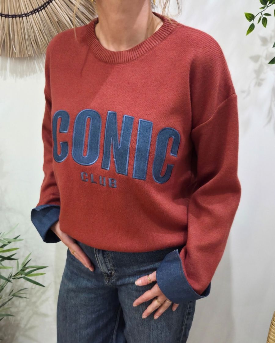 Pull femme terracotta ICONIC club bleu jean