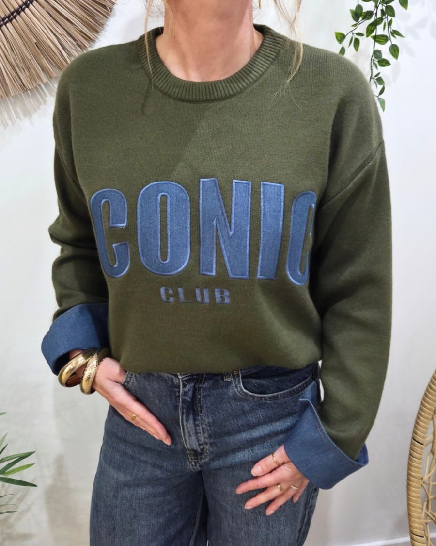 Pull femme kaki ICONIC club bleu jean