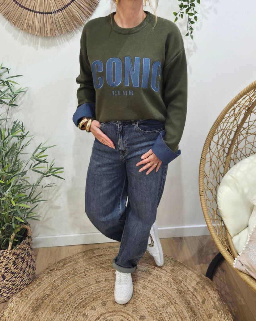 Pull femme kaki ICONIC club bleu jean