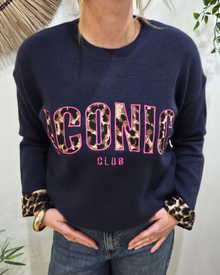 Pull femme bleu marine ICONIC club léopard et rose
