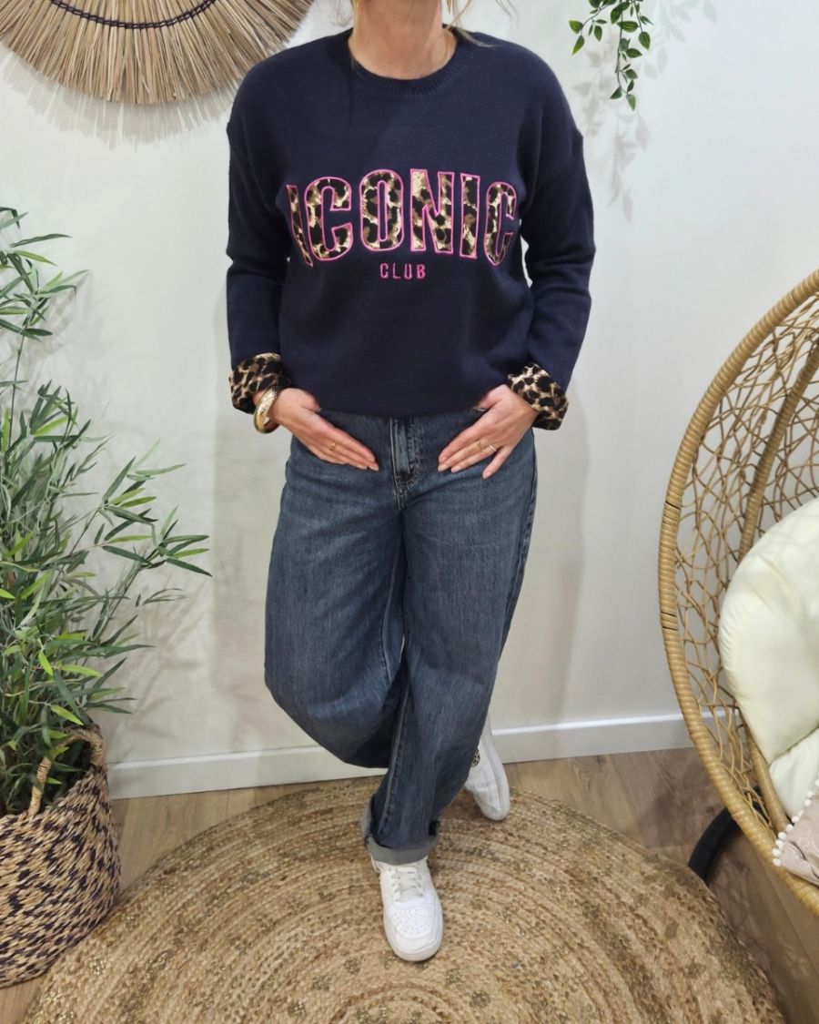 Pull femme bleu marine ICONIC club léopard et rose