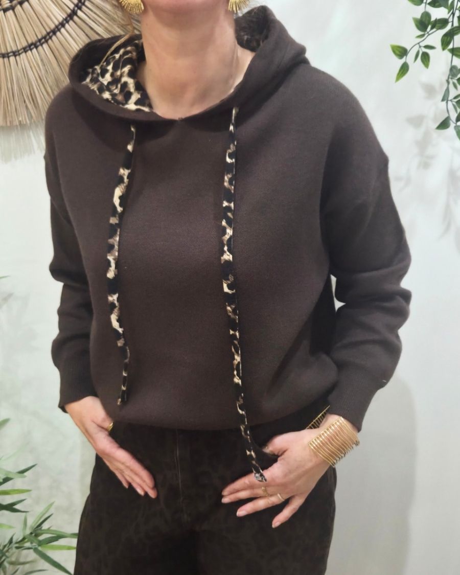 Sweat femme marron capuche et cordons léopard