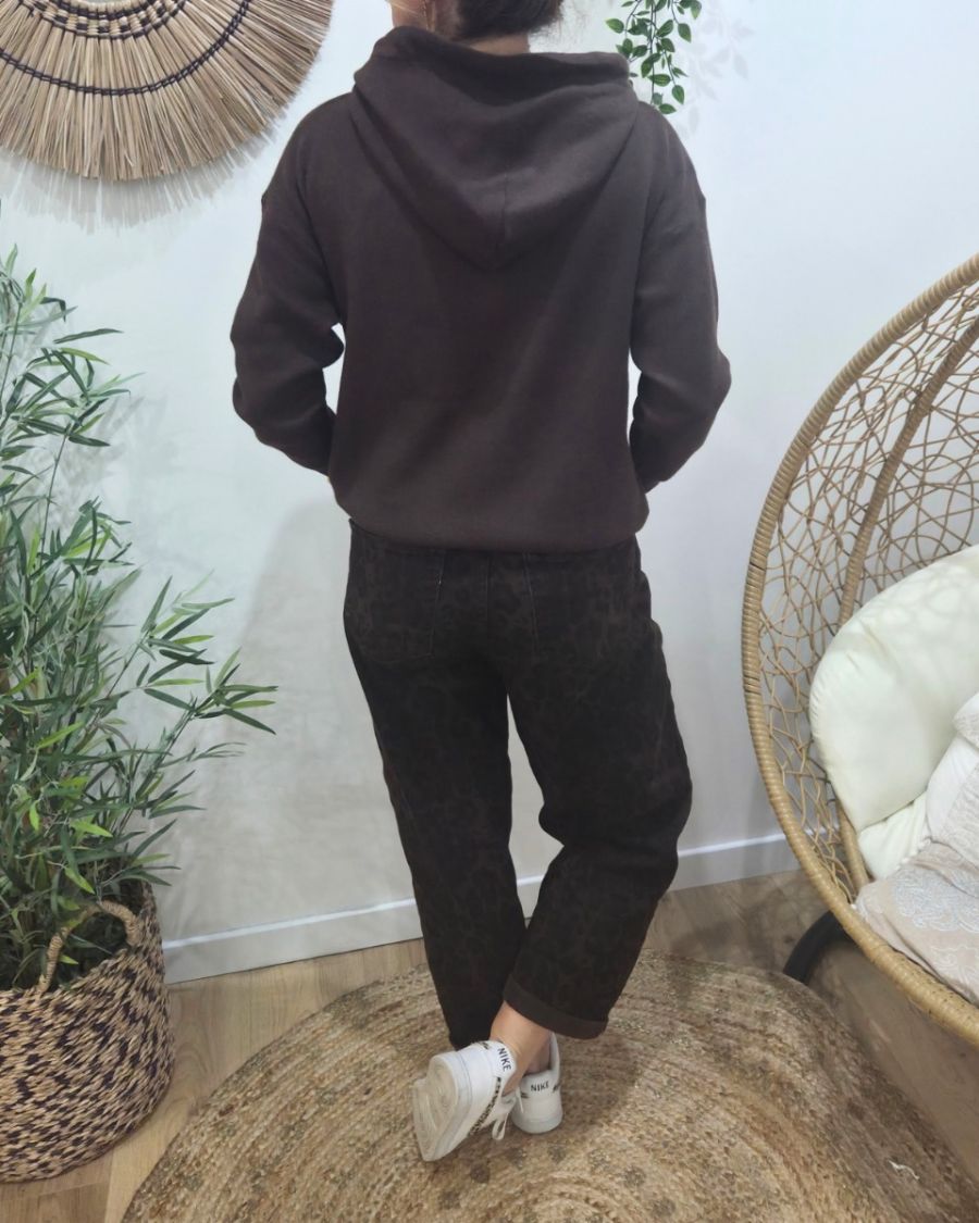 Sweat femme marron capuche et cordons léopard