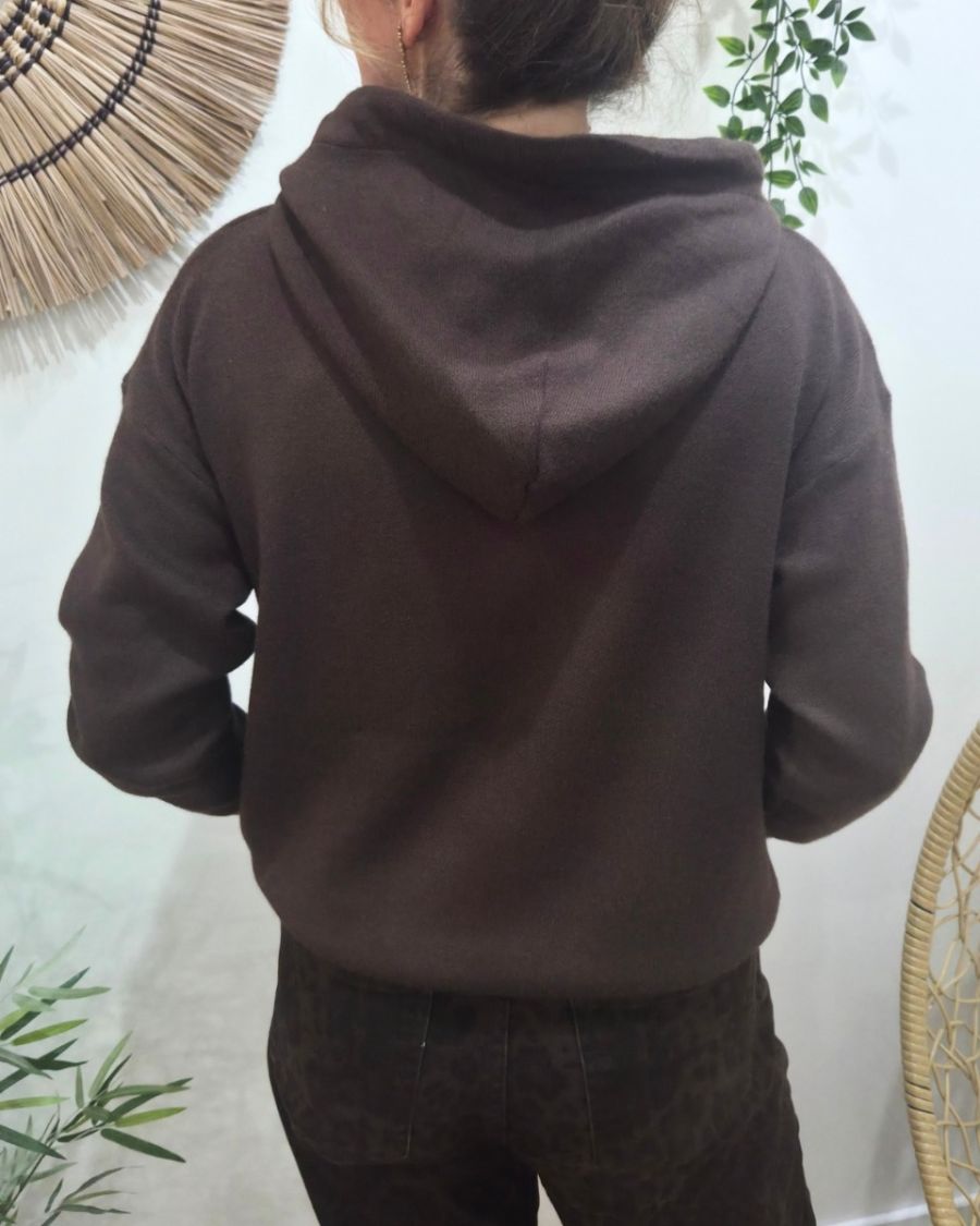 Sweat femme marron capuche et cordons léopard