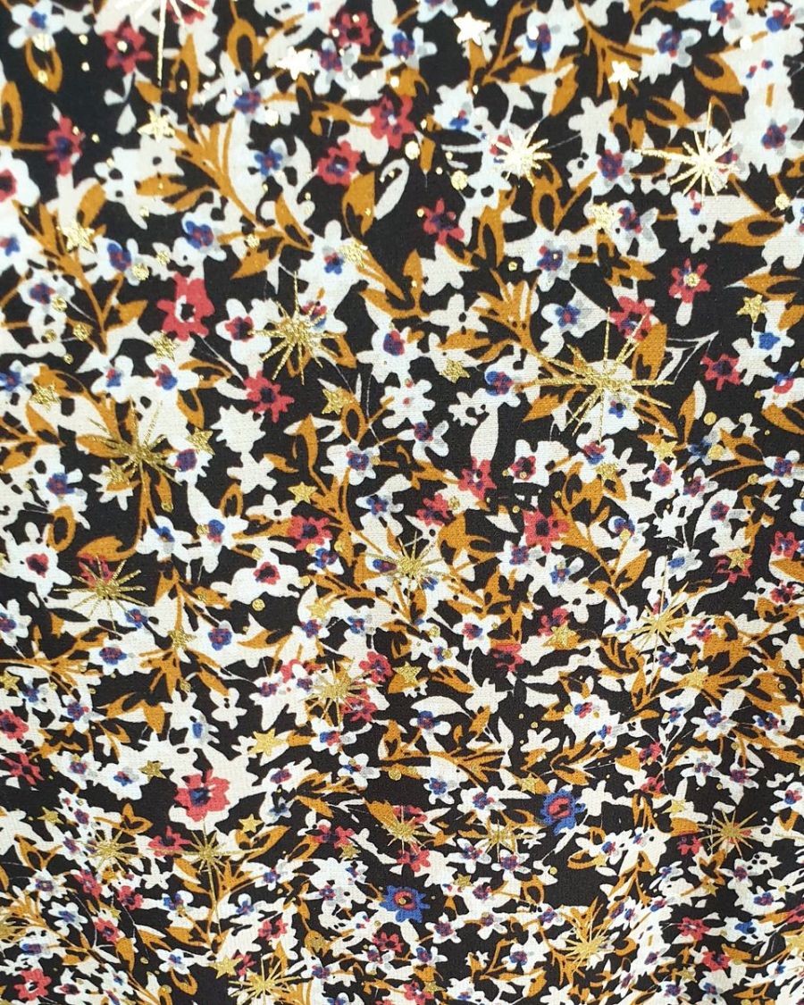 Robe droite noire fleurie liberty camel rouge bleu et étoiles dorées