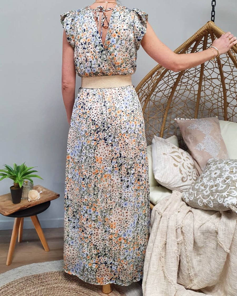 Robe longue bleu fleurs oranges et bleu ciel avec liseré doré
