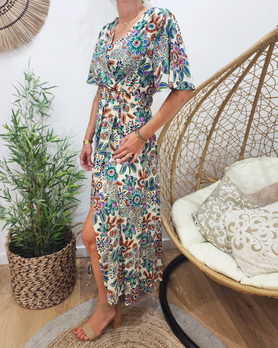 Robe longue femme écru motif multicolore Ambroise