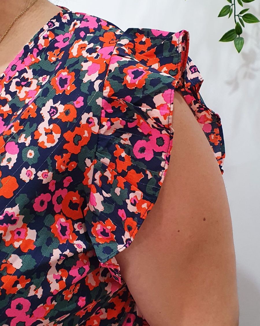 Robe longue femme marine fleurs roses orangées Florentina