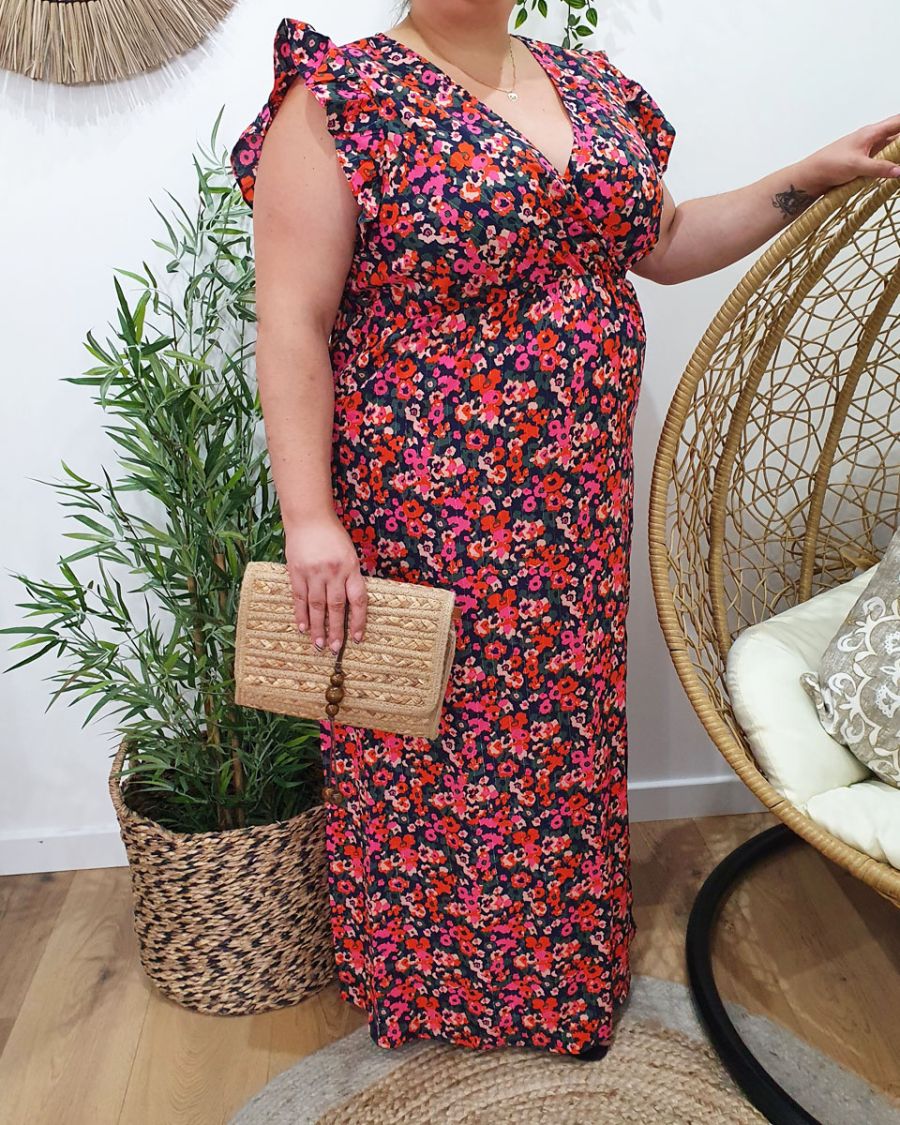 Robe longue femme marine fleurs roses orangées Florentina