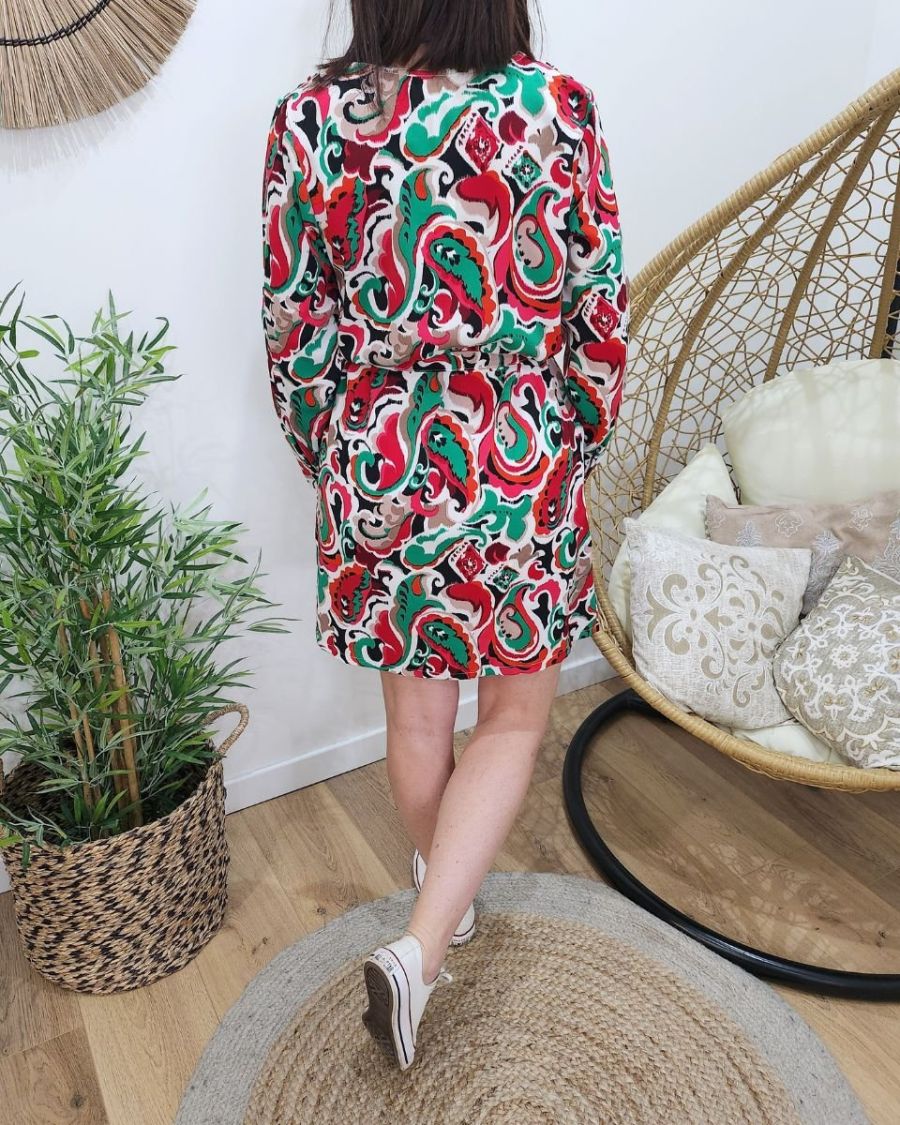 Robe femme blanche motifs fuchsia verts Gloria