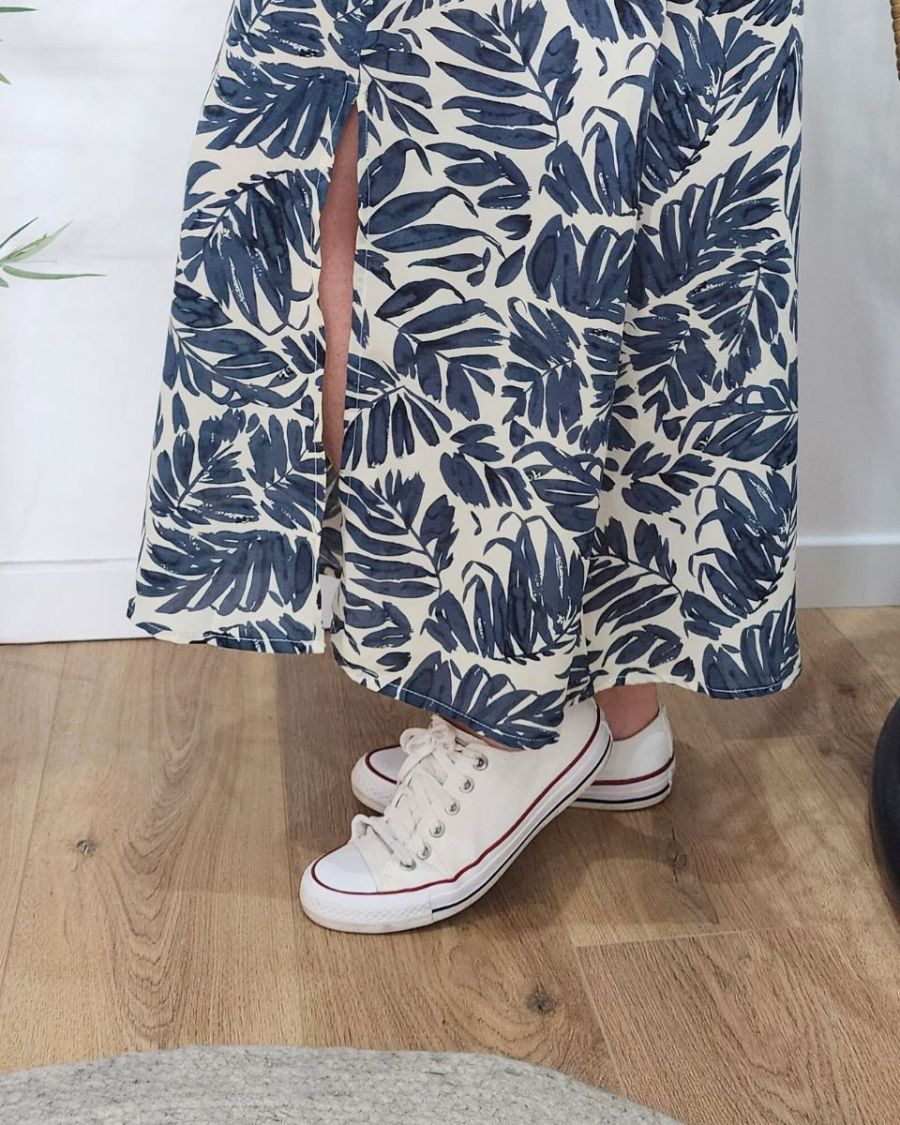 Robe longue femme écru feuillage bleu