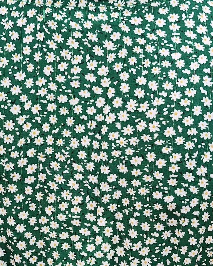 Robe courte femme boutonnée verte petites fleurs blanches
