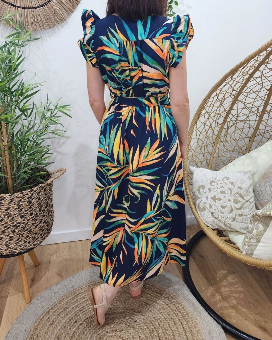 Robe longue femme bleu marine feuillages multicolores