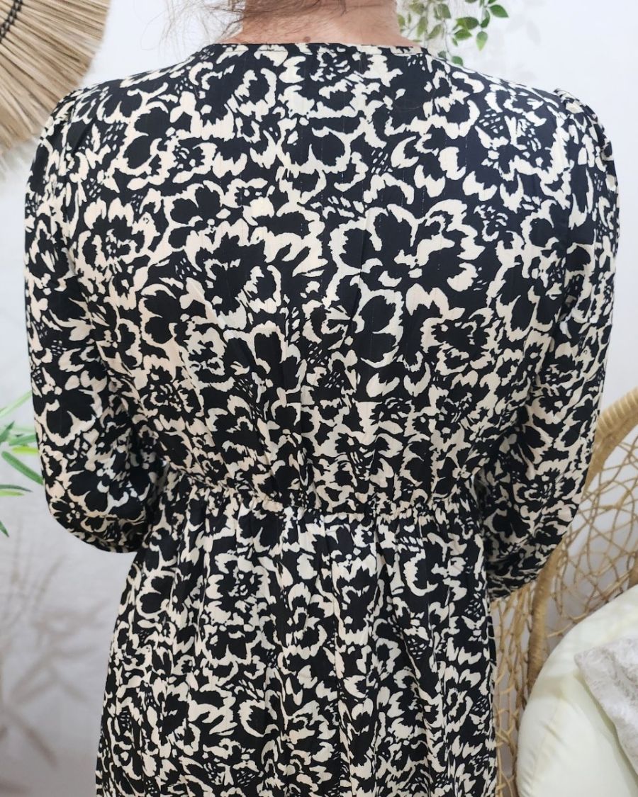 Robe longue femme noire fleurs écrues Tehanie