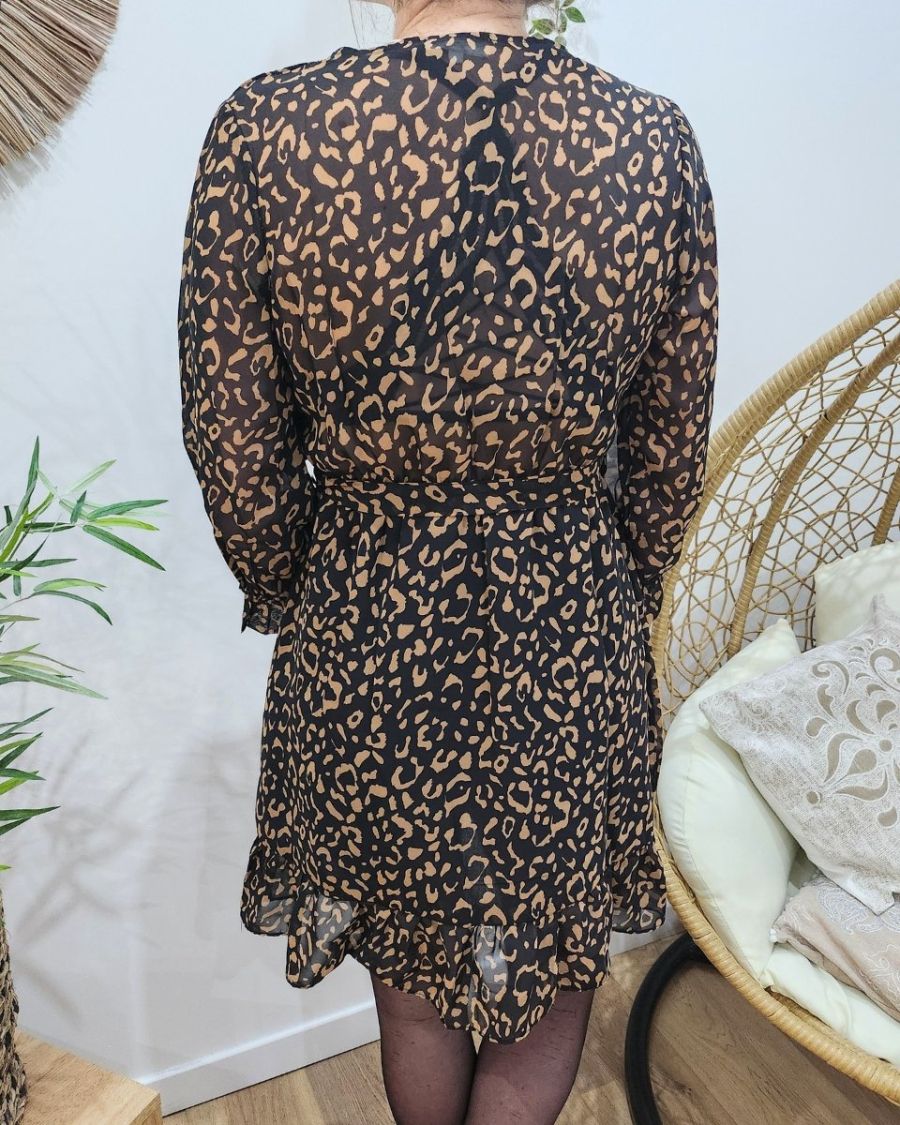 Robe femme portefeuille imprimé leopard noir et marron Maisane