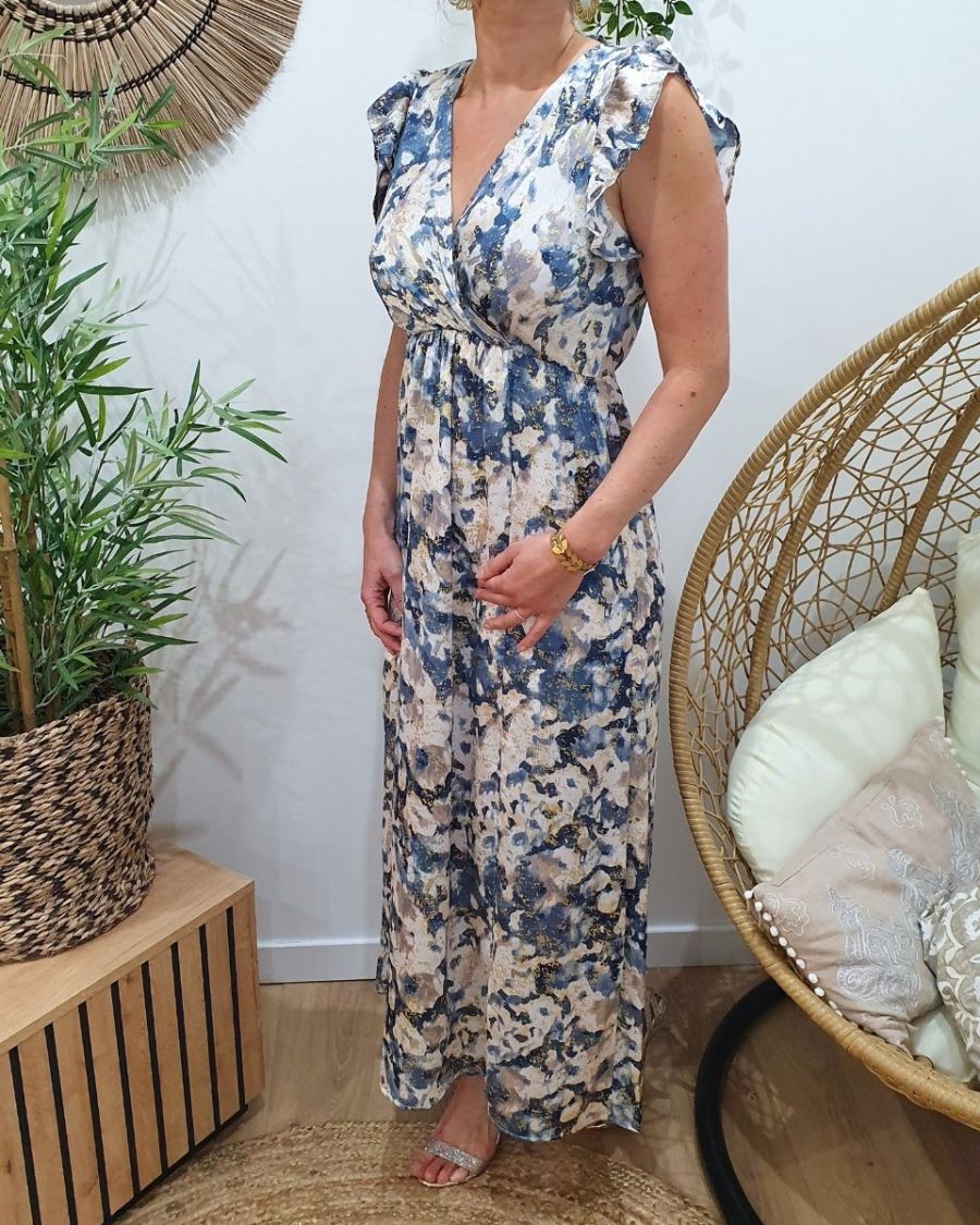 Robe longue femme bleue écrue et dorée manche volante Aurea