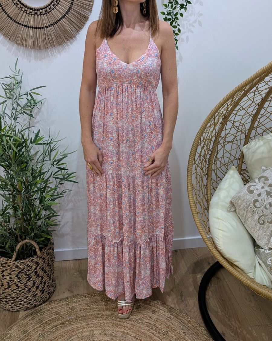 Robe longue femme dos ouvert noué imprimé cachemire Édenia