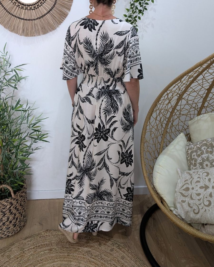 Robe longue femme écrue feuillages noirs Thalia