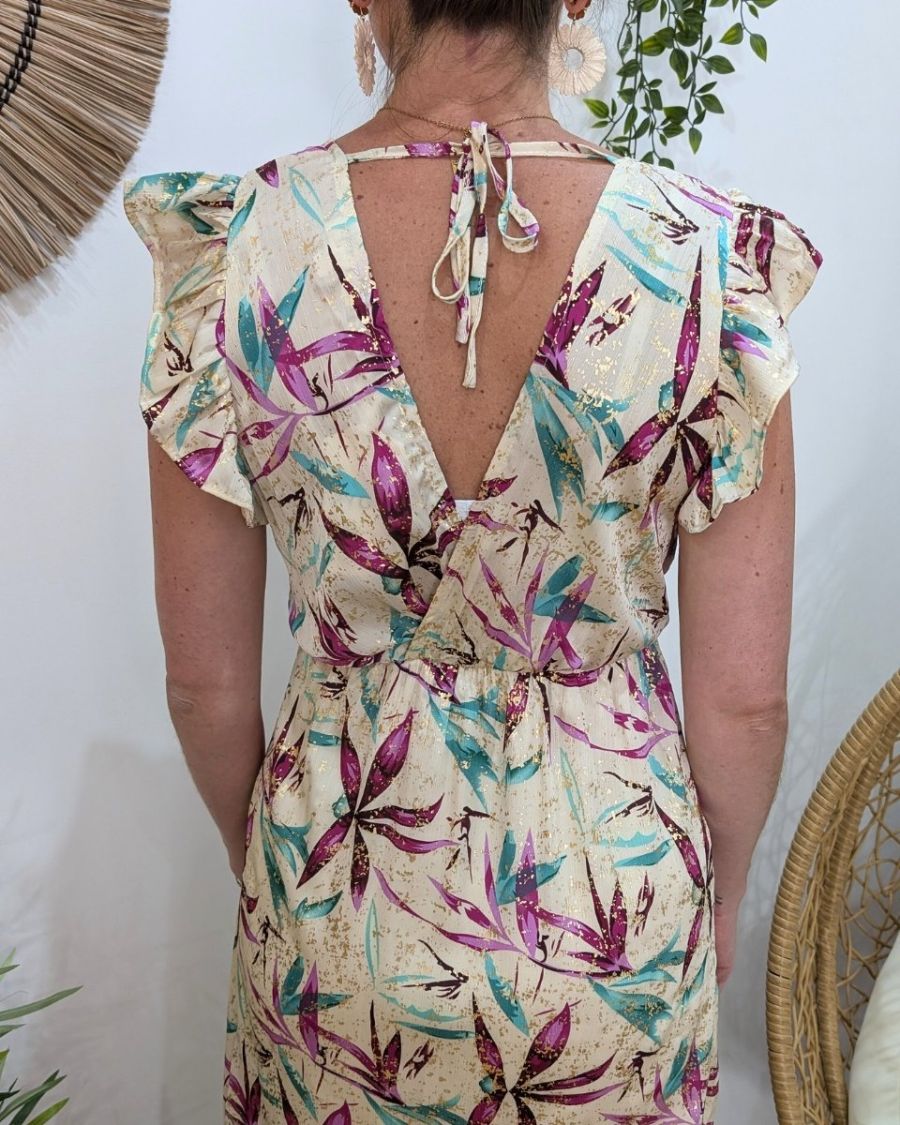 Robe longue femme écrue feuillages mauves et verts dorures